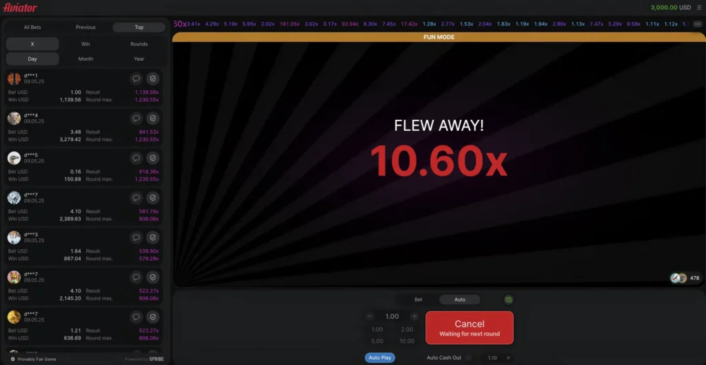 Aviator crash betting game screen displaying 10.60x multiplier, live betting statistics, and online casino gameplay interface