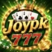 Joypk777 game online casino logo with glowing 777 numbers, poker cards, gold crown, casino chips, and coin on green background.