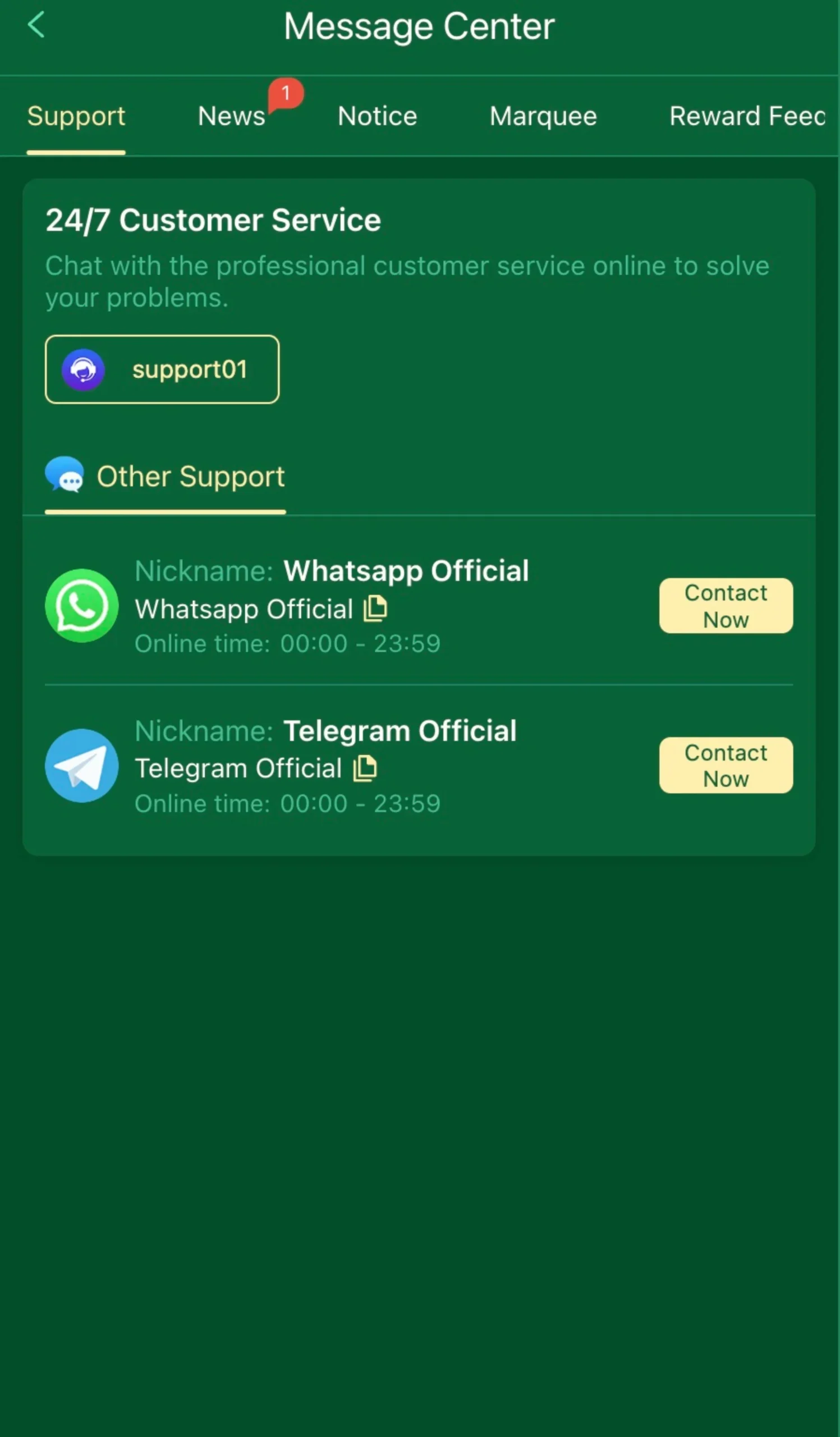 SK-GB777 Customer Support Center – 24:7 WhatsApp & Telegram Assistance Mobile screenshot of SKGB777 game message center showing 24/7 customer support with WhatsApp Official and Telegram Official contact options.
