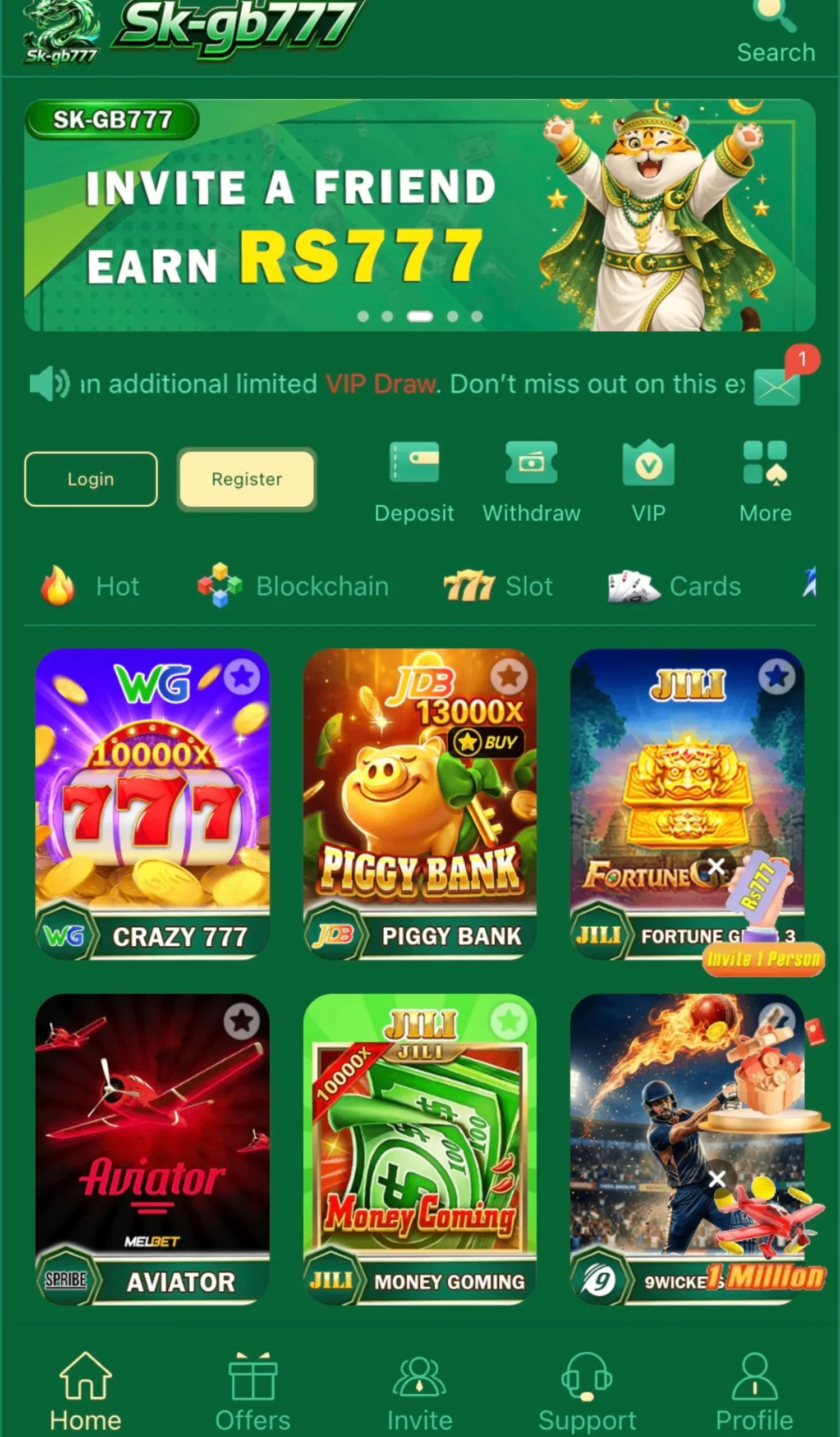 SKGB777 Online Casino & Slot Games App Interface – Invite & Earn RS777 Bonus Mobile screenshot of SKGB777 game online casino platform showing slot games like Crazy 777, Piggy Bank, Aviator, and Fortune Gems with an invite and earn RS777 bonus banner.