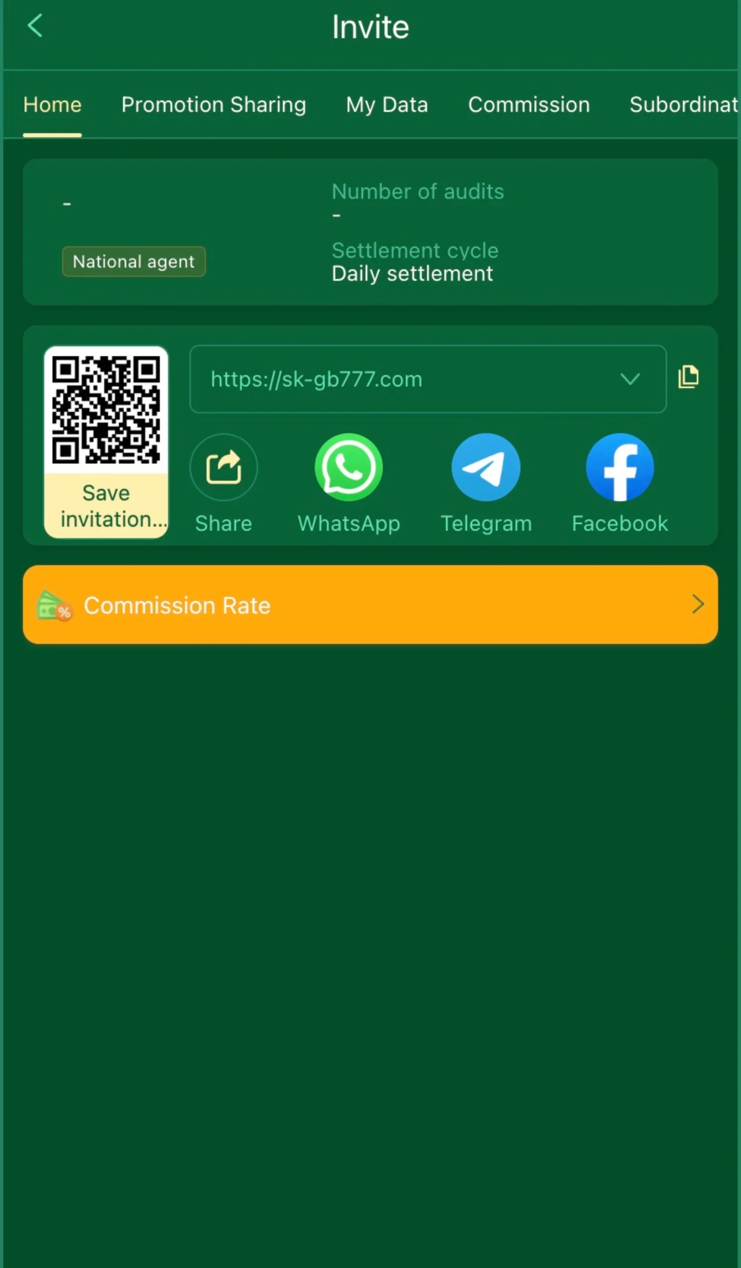 SK-GB777 Referral Program Dashboard – Casino Affiliate & Commission System Mobile screenshot of SK-GB777 invite and referral dashboard showing QR code sharing, WhatsApp, Telegram, Facebook sharing options, and commission rate details.