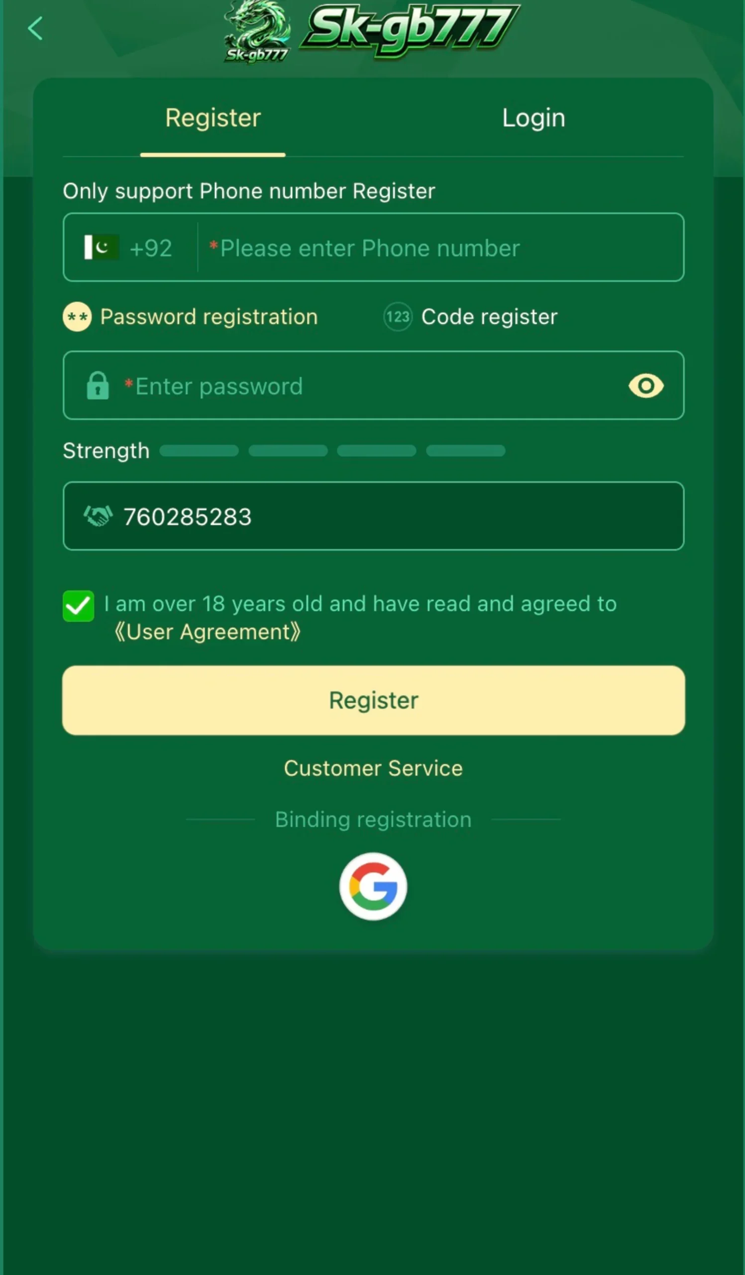 SK-GB777 Registration Page – Secure Online Casino Account Signup Platform Mobile screenshot of SK-GB777 registration page showing phone number signup, password creation, referral code entry, and Google account registration options.