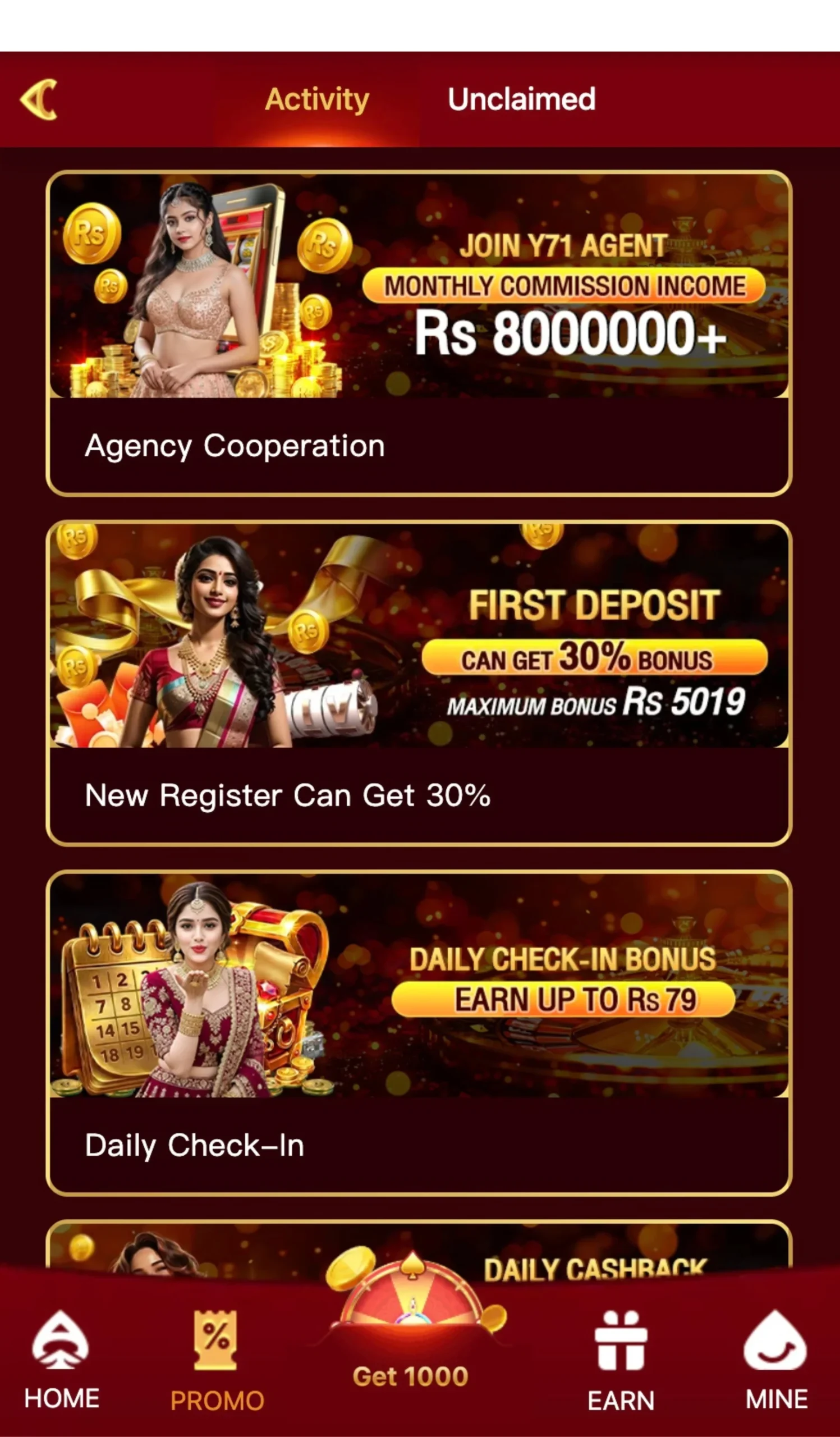 Y71 game online casino app promotions page showing first deposit bonus, daily check-in rewards, cashback offers, and referral commission program.