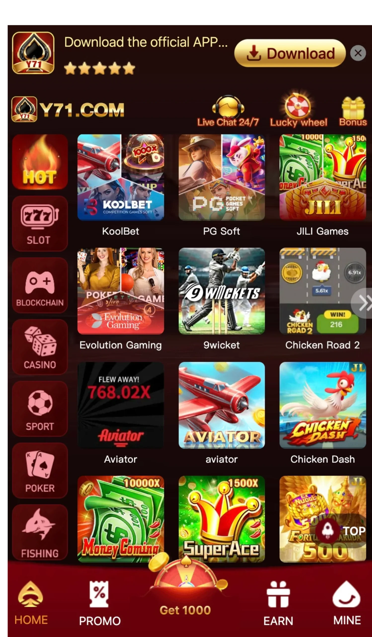 Y71 game online casino gaming app featuring Aviator, JILI Games, Poker, Sports betting, Chicken Dash, and slot games interface.