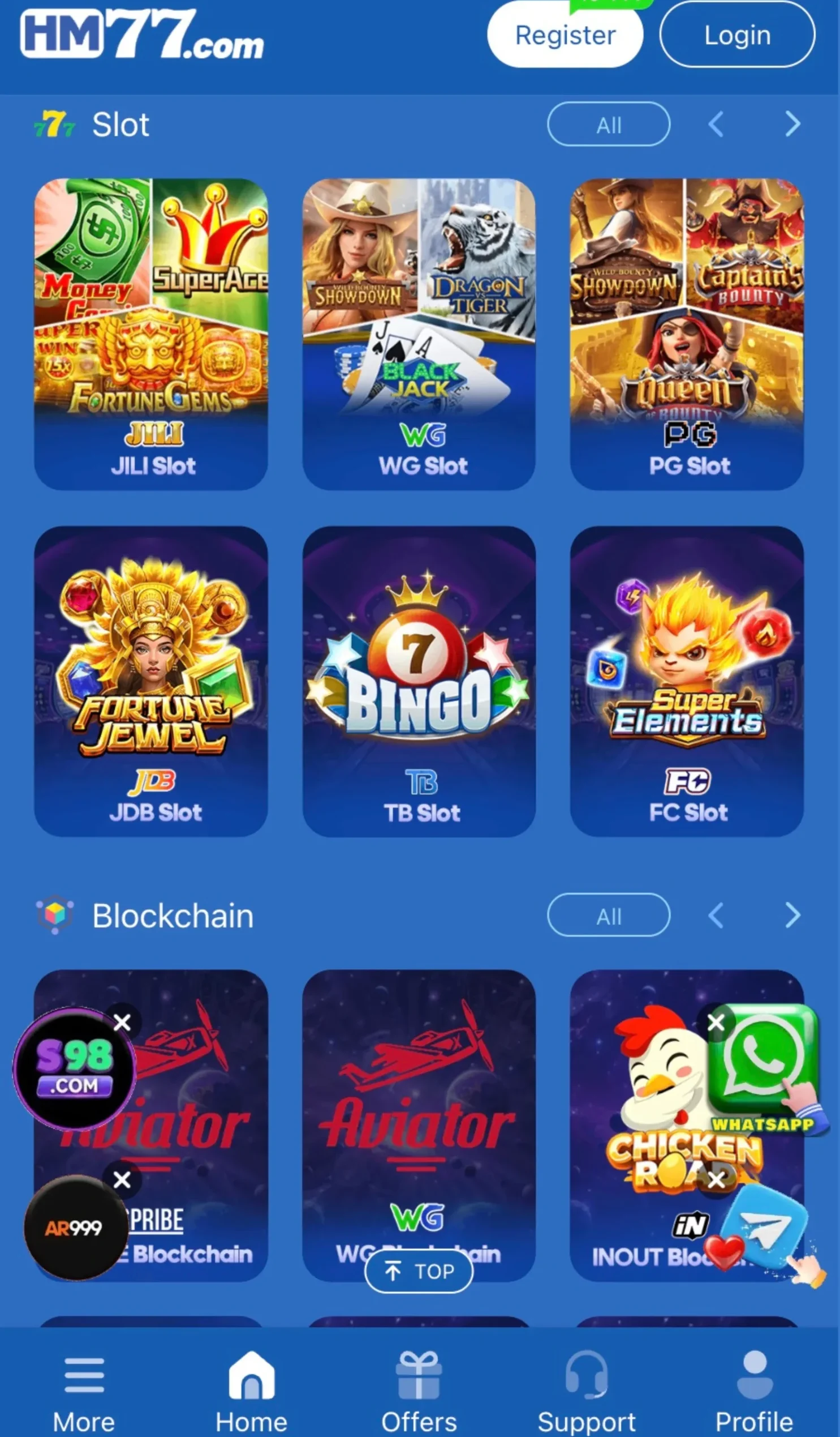 HM77 Online Casino & Aviator Betting Games Platform HM77 online casino app showing slot games, blockchain games, Aviator crash game, bingo, blackjack, and mobile betting categories.