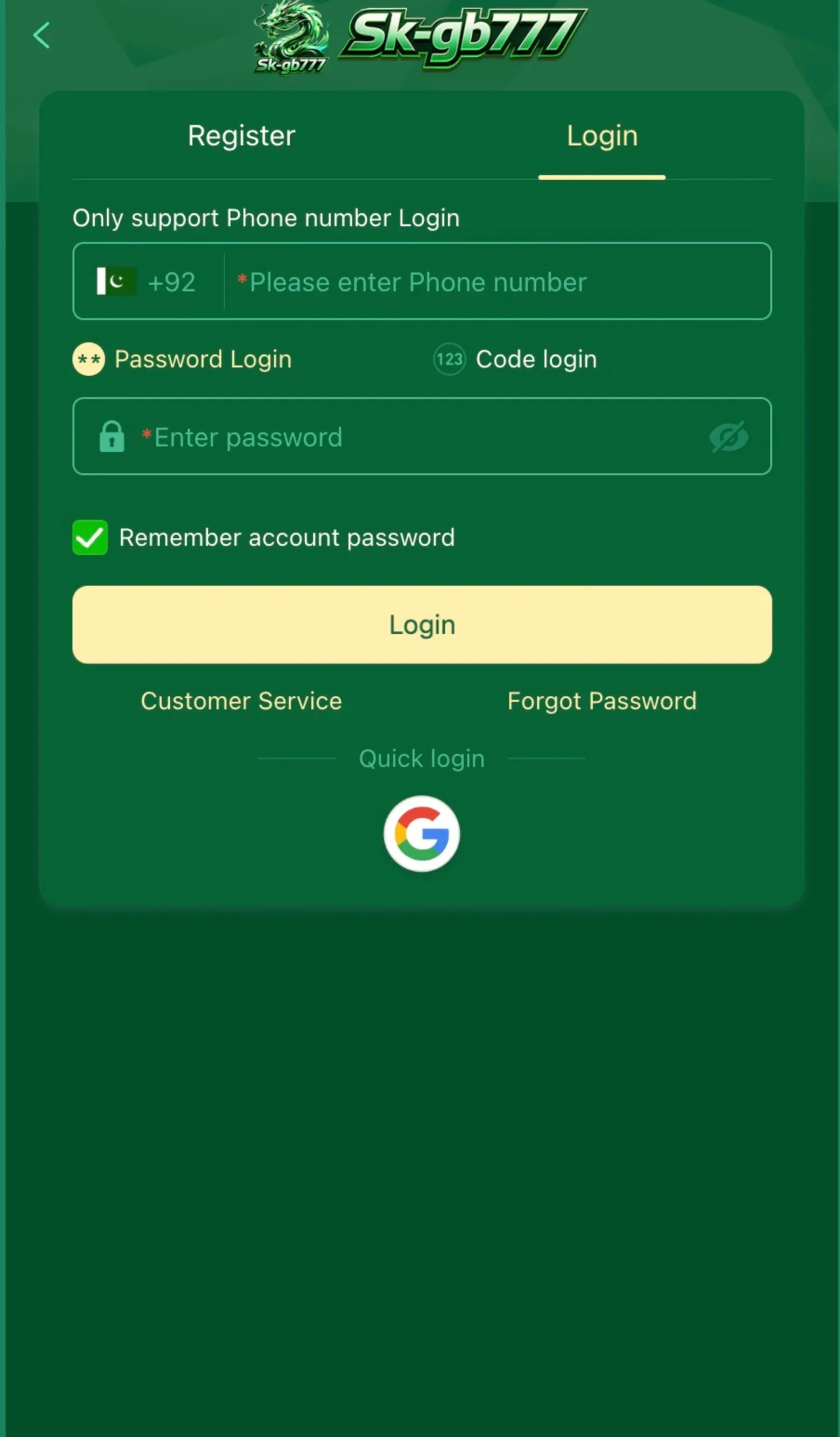 write well seo optimized tittle, alt text, caption and discription for the image Mobile screenshot of SK-GB777 login and registration page showing phone number login, password entry, Google quick login, and customer service options.